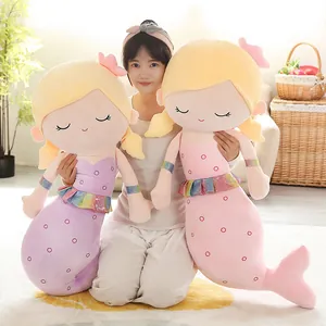 Soft large mermaid princess plush long pillow doll for sleeping in purple and pink colors