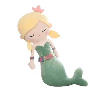 Soft mermaid princess plush pillow for kids sleeping companion in green and yellow
