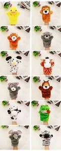 Detailed view of 12 different animal plush hand puppets for role-playing and storytelling