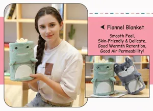 Detail view of animal-shaped flannel roll blanket featuring green dinosaur and gray husky