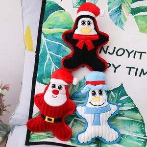 Set aus drei festlichen Weihnachts-Plüsch-Hundespielzeugen: Weihnachtsmann, Pinguin, Schneemann