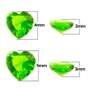 Detailed size specifications diagram for green heart-shaped crystal birthstones