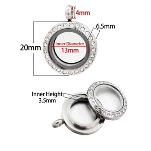 Detailansicht eines 20mm Strass-Edelstahlmedaillons mit präzisen Innenmaßen für Anhänger.
