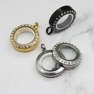 Edelstahl Rund Floating Locket Strass Glas Memory Anhänger Schraubendrehung Gawu Box Für Asche Foto DIY Schmuckherstellung