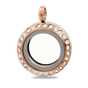 Detailansicht 20mm Edelstahl-Medaillon in Roségold mit einem funkelndem Kristallrand