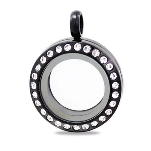 Detailansicht des 20 mm schwarzen, runden Strass-Edelstahl-Glas-Floating-Medaillons