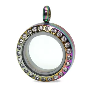 Detail von 20mm Regenbogen Edelstahl Floating Glas Medaillon Anhänger mit Kristallrand
