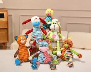 Colorful corduroy plush animal toy collection featuring a cow, sheep, duck, and dog.