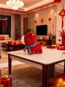 Adorable mascota de peluche de caballo rojo con bufanda a rayas en ambiente festivo