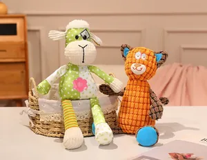 Adorable lamb and cat plush dolls displayed in a rustic woven basket within a cozy nursery room