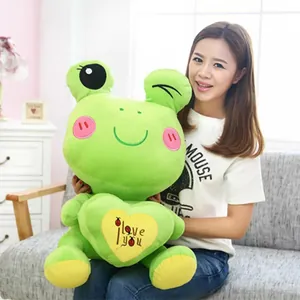 Large green plush frog toy with heart embroidery, ideal gift for couples