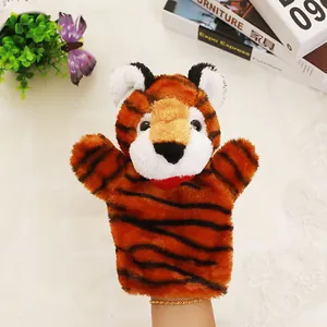 Detailed view of plush tiger hand puppet for children's storytelling and role play