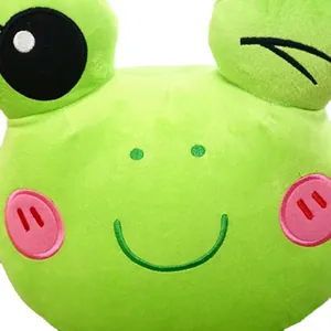 Cute green cartoon frog plush toy close-up featuring large eyes and a friendly smile.