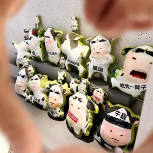 Macro shot of abstract cow plush toys with funny emoji face prints and slogans