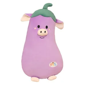 Coussin peluche cochon aubergine mignon, long traversin doux pour le sommeil et déco
