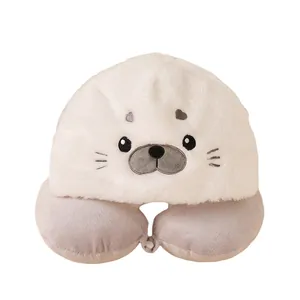 Simpatico cuscino a U con cappuccio a forma di foca per viaggi, voli e riposo in ufficio.