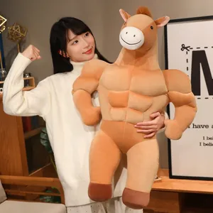 Funny muscular horse plush toy held by a woman in a cozy home setting