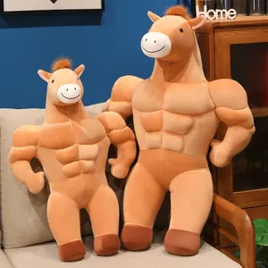 Muscular brown horse plush toy set in two sizes for home decoration and funny gift