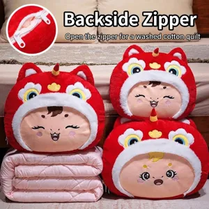 Cute Cartoon Lion Mascot Two-In-One Pillow Blanket Plush Cushion Quilt For Office Home Sofa Travel Portable Nap Blanket