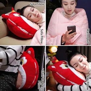 Festive cartoon lion dance plush pillow blanket 2-in-1 set for office and travel use