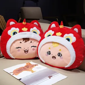 Cute red lion dance festive plush pillow with blanket for office lunch break use