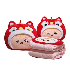 Cute Cartoon Lion Dance Fuwa 2-in-1 plush pillow blanket for office nap and home decor