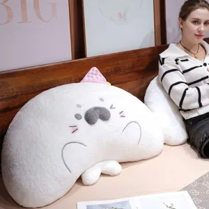 Large cute white seal curved backrest plush pillow for bed and sofa lumbar support