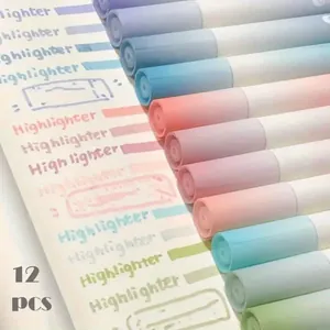 Close-up of 12-pack gradient pastel highlighter pens with color swatches on paper