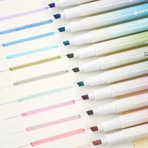 Close-up view of pastel highlighter markers showing chisel tips and color swatches