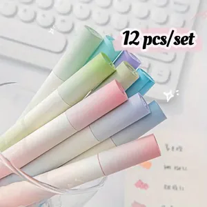 Close-up of 12 pcs pastel highlighters set in a clear cup with keyboard background