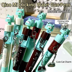 Detailed view of cat themed retractable water gun gel pens with cute charms on chain