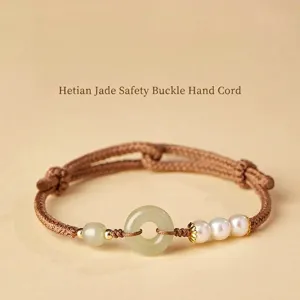 Handgeflochtenes Armband Mit Hetian Jade Sicherheitsknopf Und Künstlicher Perle Ethno-Stil Glücksbringer Seil Armband Retro Schmuck Damen Herren