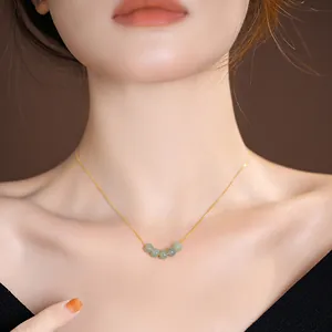 S925 silver necklace with green jade beads on gold box chain, elegant jewelry for women