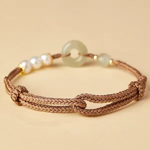 Handgeflochtenes braunes Armband mit Hetian-Jade-Donut und eleganten Perlen für Damen