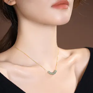 Elegant S925 sterling silver gold-plated box chain necklace with green Hetian jade beads