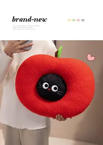 Red apple-shaped plush pillow with cute black cat face detail for sofa decoration