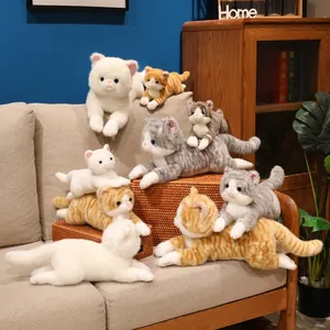 Vista dettagliata di un gruppo di peluche a forma di gatto in vari colori e dimensioni