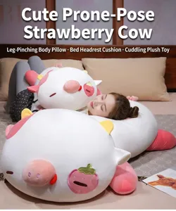 Extra large strawberry cow plush toy pillow showing soft texture and cute design details