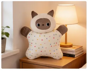 Suave cojín de peluche gato en forma de estrella con lunares de colores y luz cálida