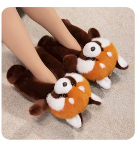 Cute plush red panda slippers worn on a soft carpet, showcasing fuzzy texture and design