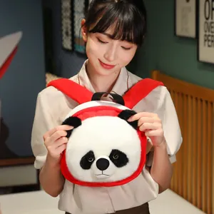 Adorable mochila de peluche de panda para niños con piel sintética suave y correas rojas