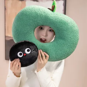 Soft green apple-shaped plush pillow with cute black cat toy for home decoration