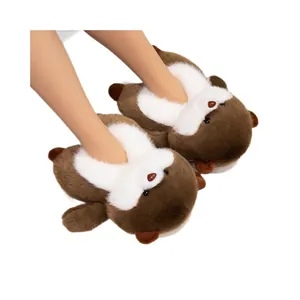 Adorable brown and white otter plush indoor slippers for children and adults with cozy fur