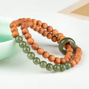 Traditional Chinese style double-strand sandalwood and green Hetian jade beaded bracelet
