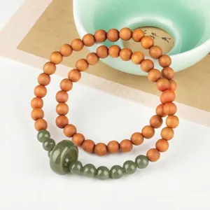 Minimalist oriental style sandalwood and green jade double loop bracelet for daily wear
