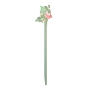 Elegante bastoncino per capelli cinese in acrilico verde con fiore rosa e perle finte