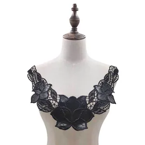 Close-up showing the intricate floral embroidery and PU leather detail of the black collar