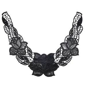 Macro view of black water-soluble lace collar with intricate PU leather flower embroidery