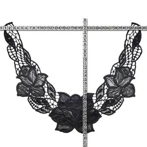 Detail showing size measurements for black lace collar with 3D PU flower embroidery