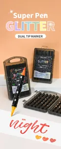 Nahaufnahme des Glitzer-Markierstifts, der funkelnden roten Text auf Papier schreibt
